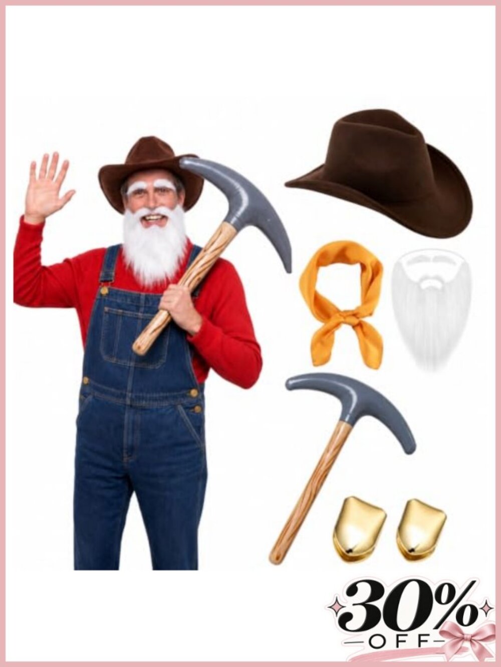Prospector Costume Accessory Set Wool Blend Hat Fake Beard Pickaxe Kerchief